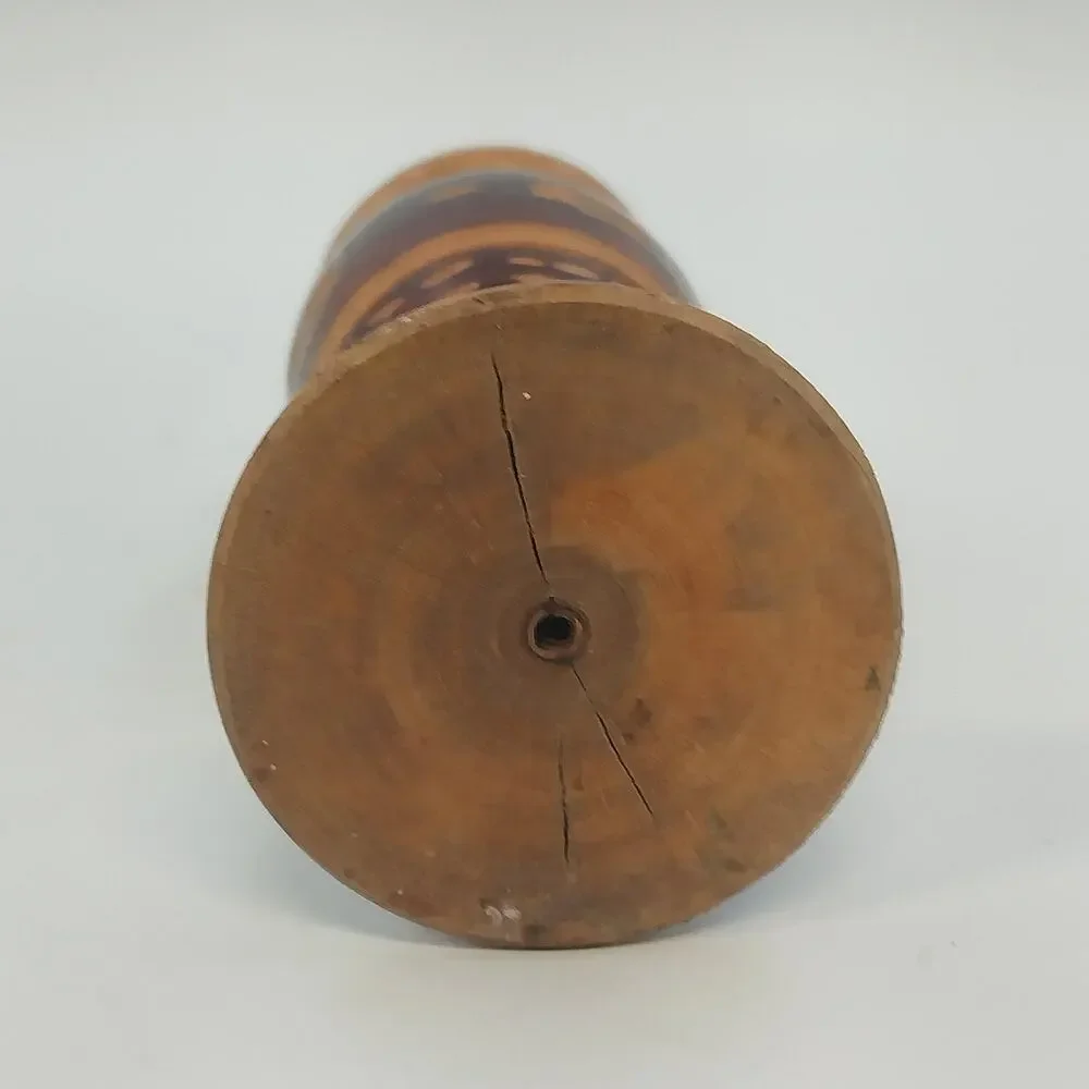 Hand Crafted Wooden Bud Vase Brown Carved Detailed Inlay Folk Art 6.9